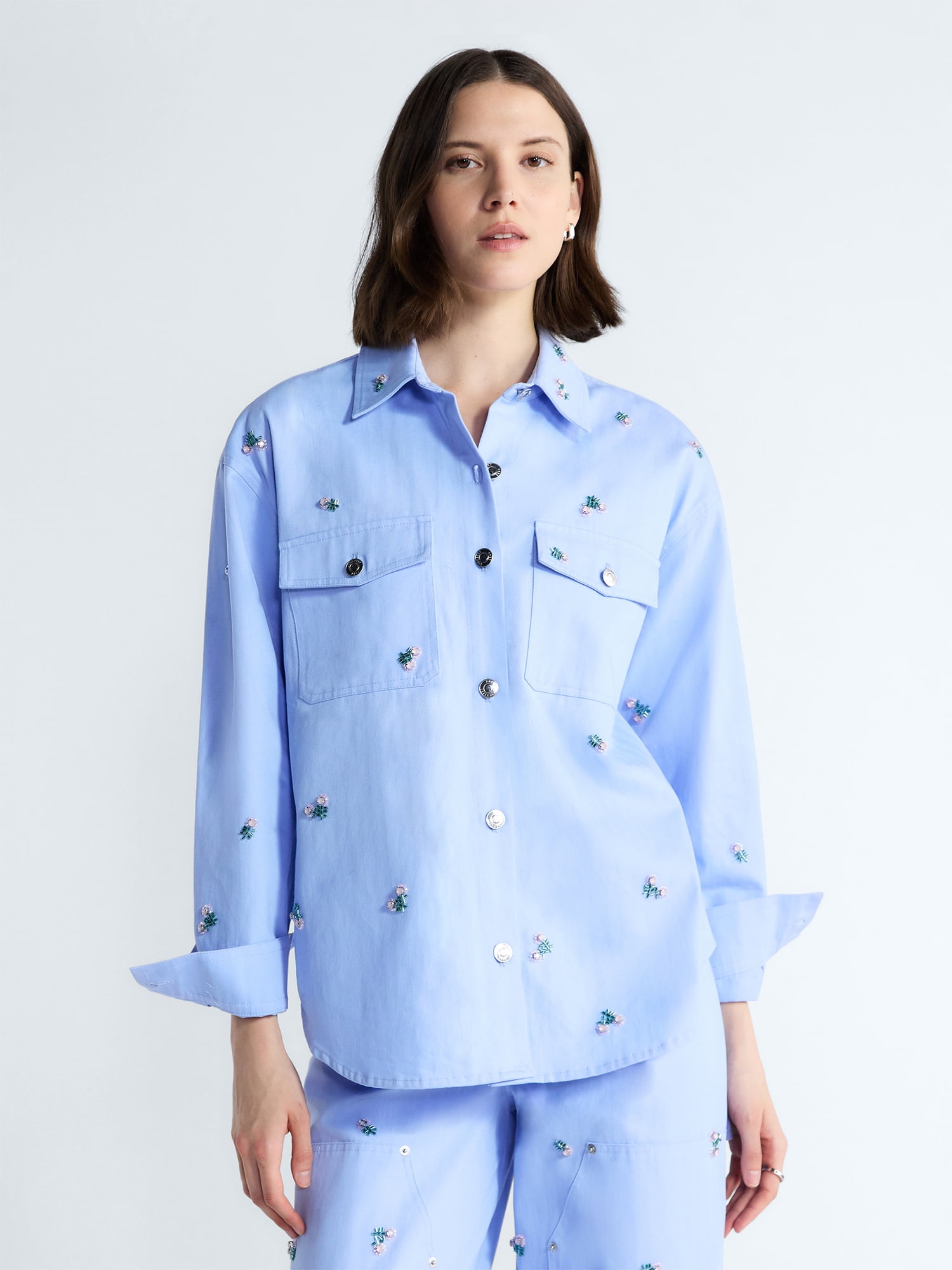 Free Assembly Women's and Women's Plus Embellished Cotton Utility Shirt with Long Sleeves, Sizes XS-4X
