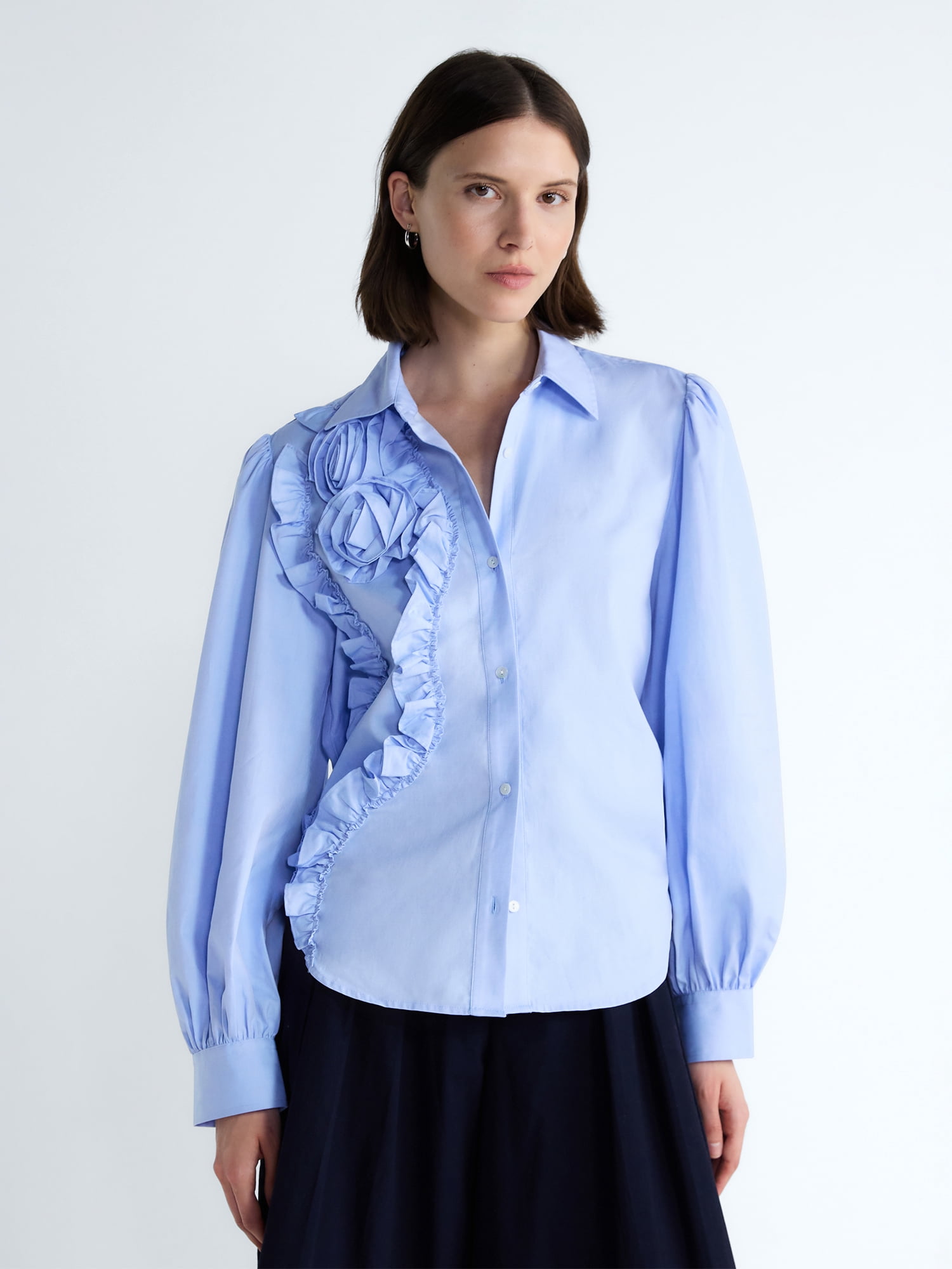 Free Assembly Women's and Women's Plus 3D Floral Cotton Shirt with Long Sleeves, Size XS-4X