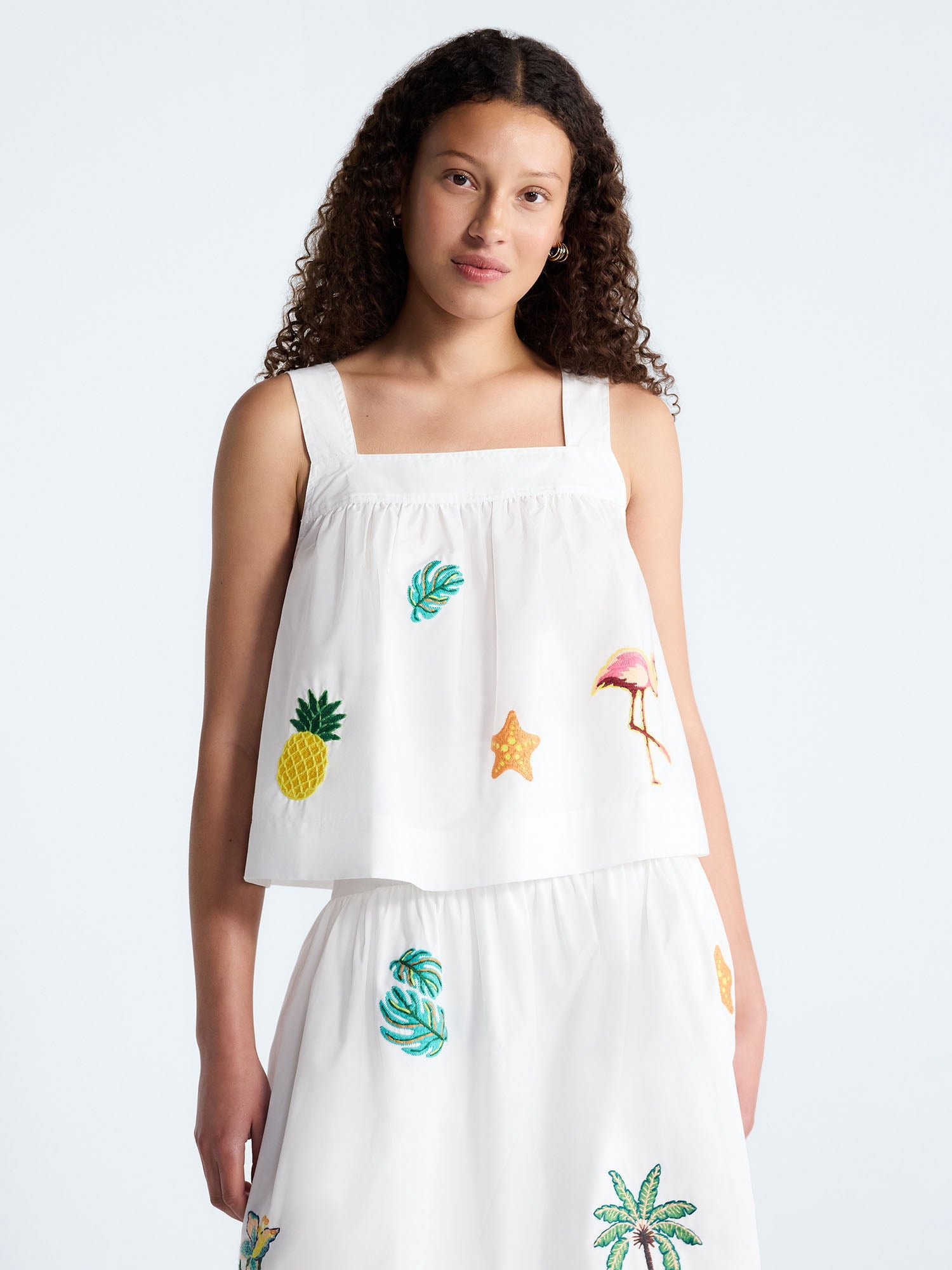 Free Assembly Women's and Women’s Plus Embroidered Cotton Square Neck Top, Sizes XS-4X