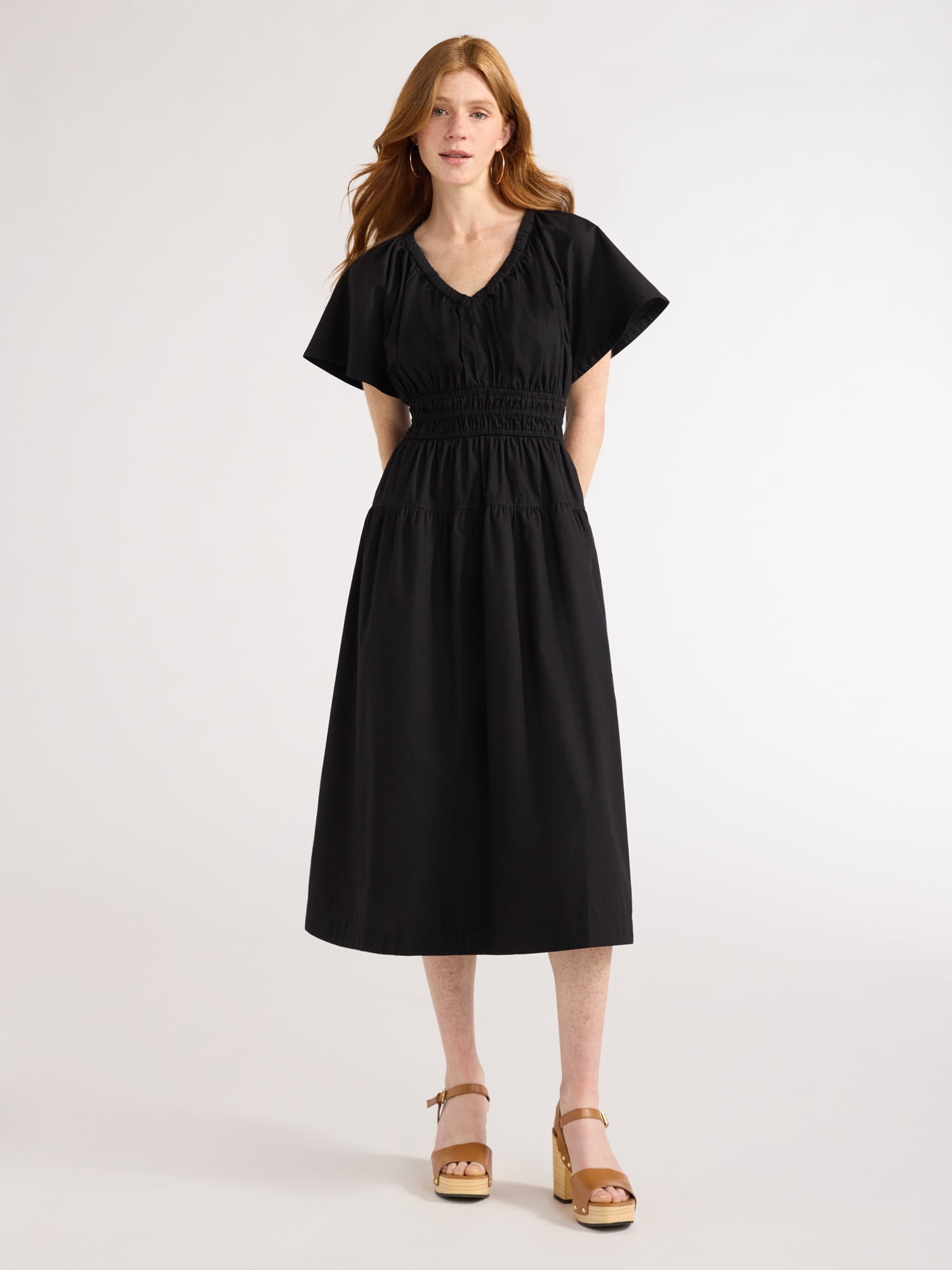 Free Assembly Women's and Women's Plus Denim Tiered Midi Dress with Flutter Sleeves, Sizes XS-4X Free Assembly Women's and Women's Plus Denim Tiered Midi Dress with Flutter Sleeves, Sizes XS-4X