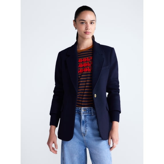 Free Assembly Women's and Women's Plus Single-Breasted Blazer with Ribbed Cuffs, Sizes XS-4X