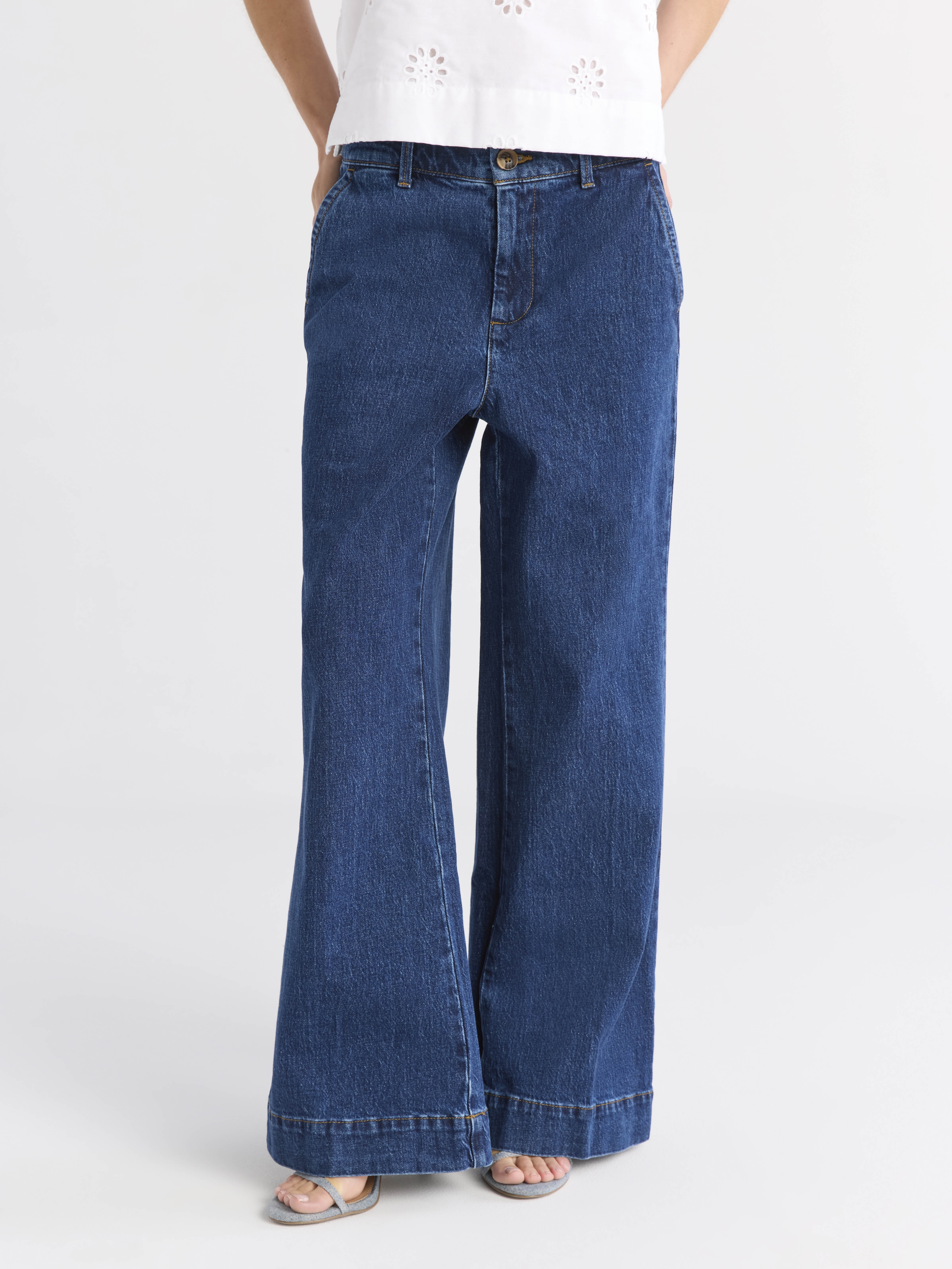 【WONDER WONDER】Pintuck Raw Edge Denim Banding L Wide PT Free Assembly Women's Wide Leg High Rise Pintuck Jeans, 29