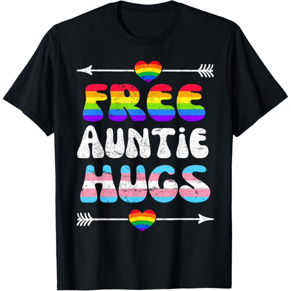 Free Auntie Hugs, LGBT Gay Lesbian Pride Month Rainbow Flag T-Shirt