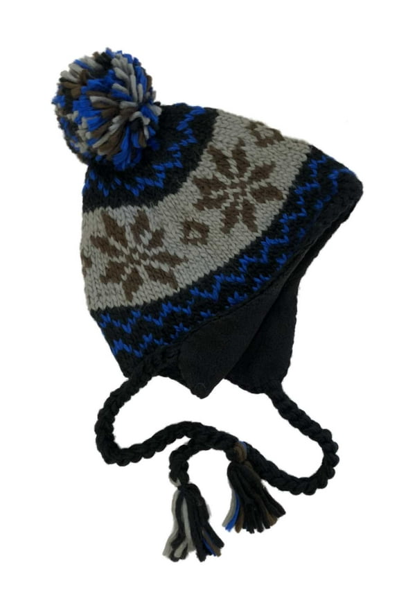 Mens Black Blue & Gray Snowflake Pom Top Peruvian Trapper Hat