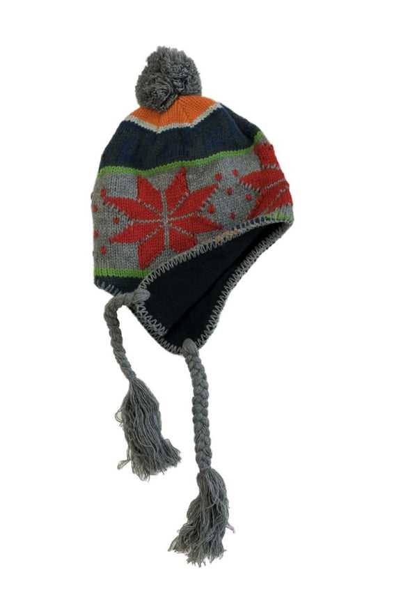Mens Blue & Red Snowflake Pom Top Peruvian Trapper Hat