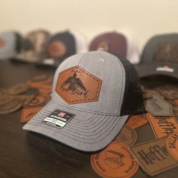 Free Bird Hat | Play Free Bird Trucker Hat | Leather Patch Hat | Leatherette Patch | Engraved Leatherette Patches | Hat