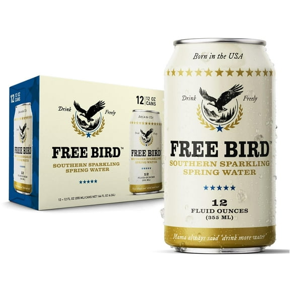 Free Bird Southern Sparkling Spring Water - 12 Pack, 12oz Cans, Zero Calories, Unflavored Carbonated, Crisp & Bubbly, Blue Ridge Mountain, Shelf-Stable Sparkling Drink