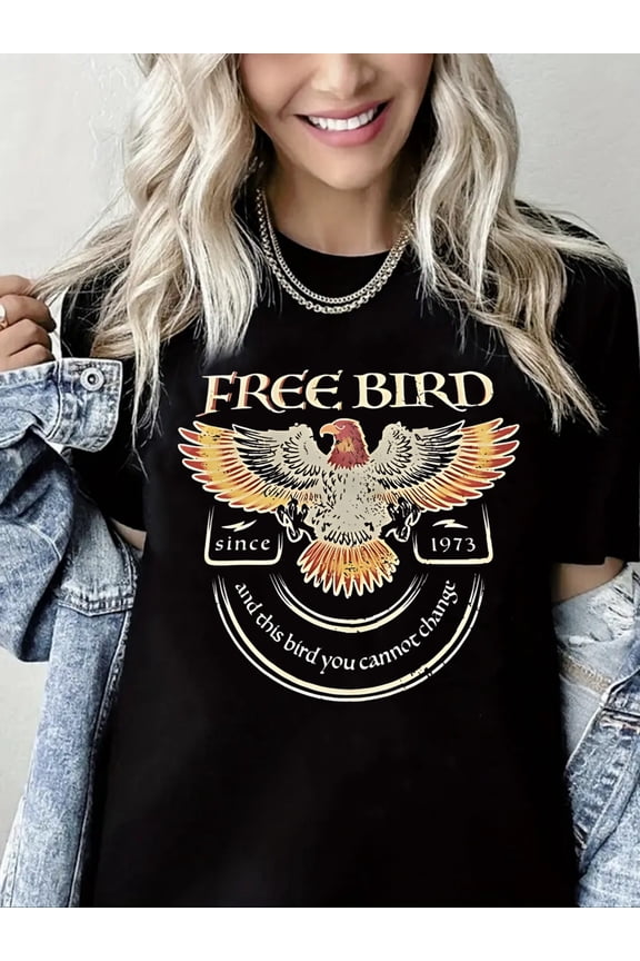 Free Bird T-Shirt Vintage Eagle Graphic Short Sleeve Tee Casual Band Music Country Concert Clothing