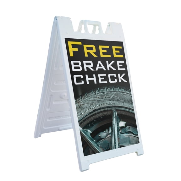 Free Brake Check 24" x 36" Double Sided A-Frame Sidewalk Sign Includes 2 Installed Decals Foldable Portable White Signicade Sandwich Board Auto Repair Promotions Safety Inspections