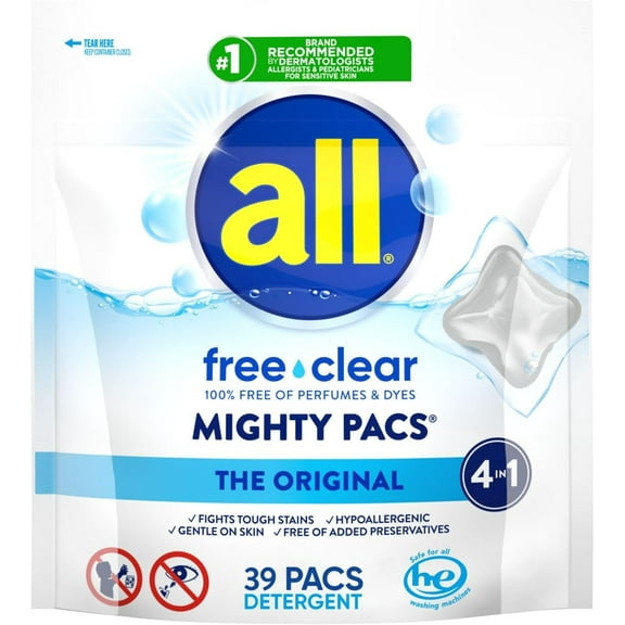 Free Clear, Original, Mighty PACS Laundry Detergent Pacs for Sensitive Skin, Unscented and Hypoergenic, 39 Count