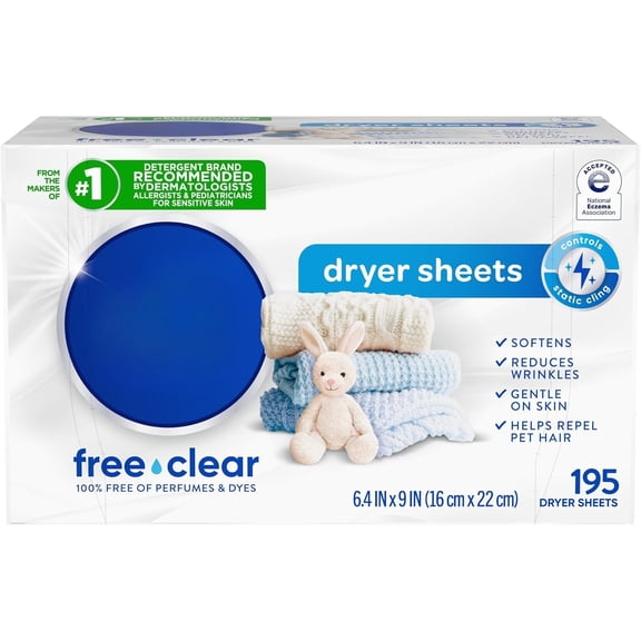 Free Clear Unscented Fabric Softener Dryer Sheets for Sensitive Skin, 195 Count, Hypoallergenic & Dye Free, Controls Static Cling, Reduces Wrinkles, Dermatologist Tested, Compatible with HE Dryers