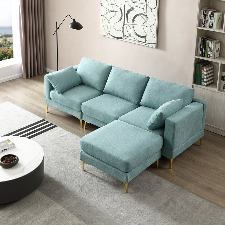 Free Combination 3 Seater Sofa with Ottoman Modern Leisure L Shape Couch with Gold Legs Cozy Fabric Upholstery Sofa with Stabilize Solid Wooden
