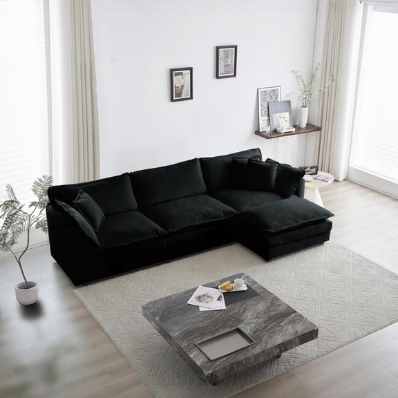 Modern L Shaped Sectional Sofa with Reversible Ottoman, Black Chenille (220Ă—80Ă—75cm)