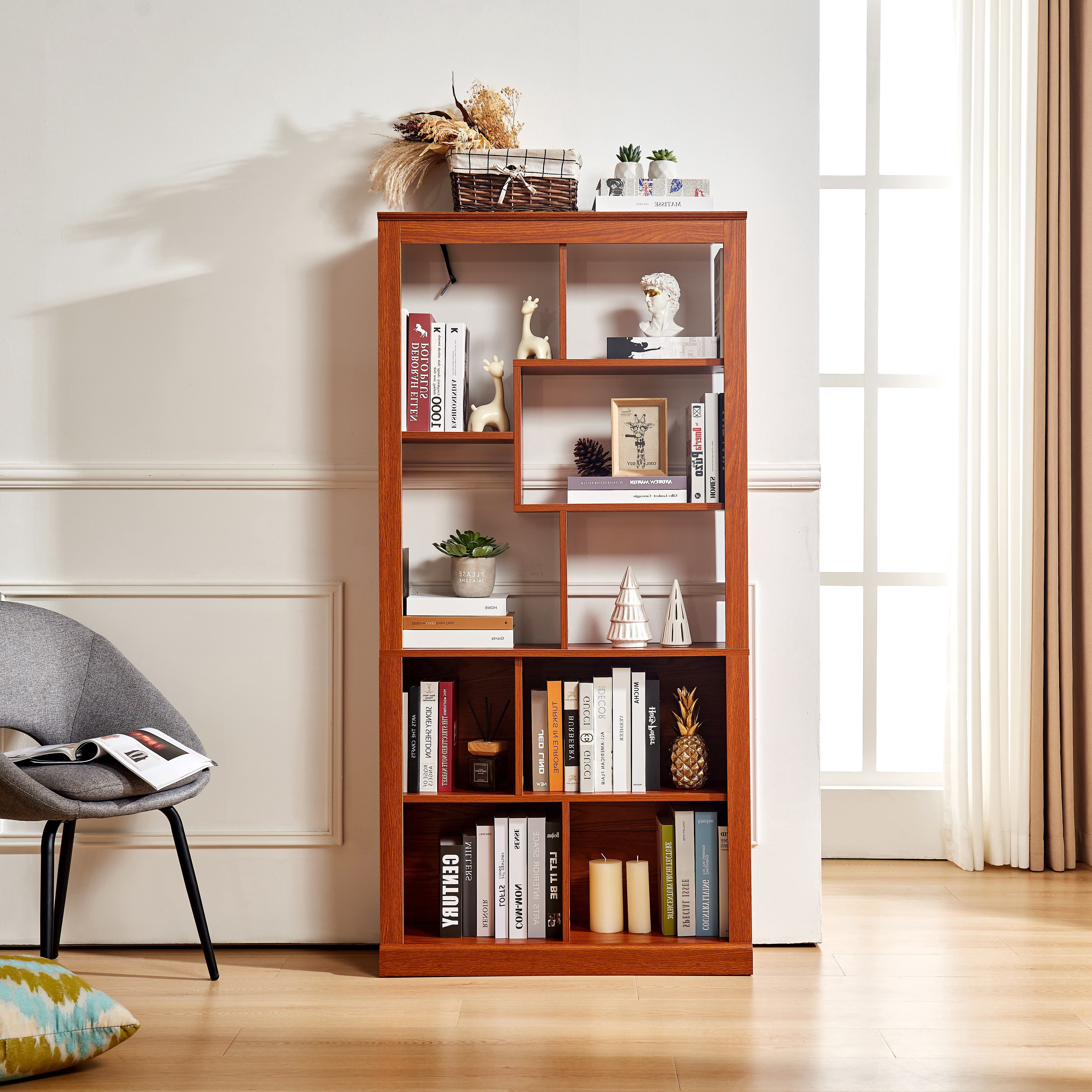Free Combination Open Cubby Bookshelf, Freestanding MDF Display Storage Bookcase with Anti-Tip Straps, Easy to Assemble Classified Storage Organizer for Living Room Bedroom Home Office