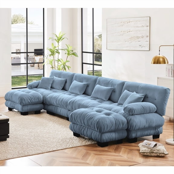 Free Combination U Shaped Modular Sofa, 4-Seater with Cloud Cushions, Chenille Blue