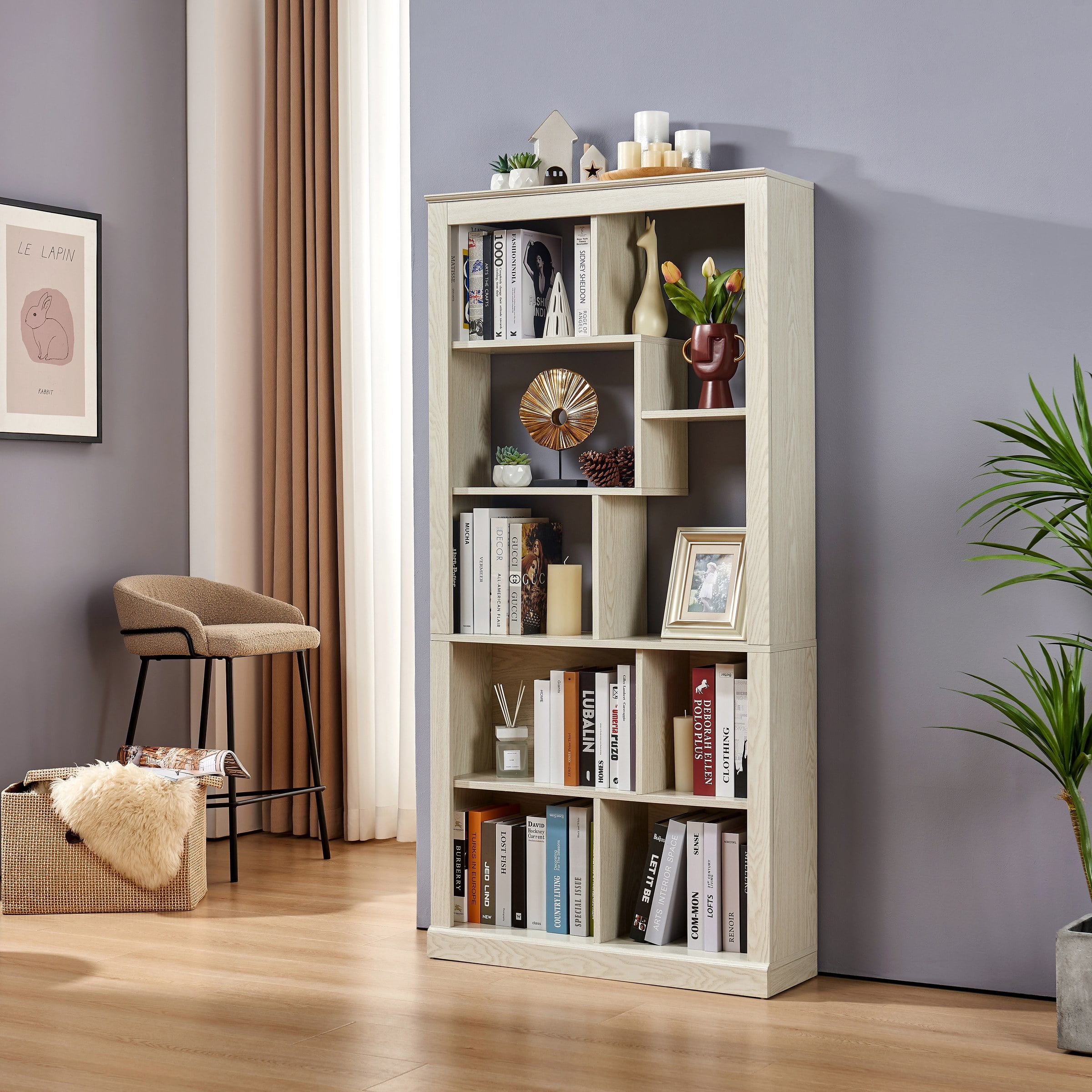 Free Combination Wood Open Bookshelf, Multi Space Display Storage Cabinet, Freestanding Bookcase with Anti-Tip Straps, Classified Storage Organizer for Living Room Bedroom Home Office