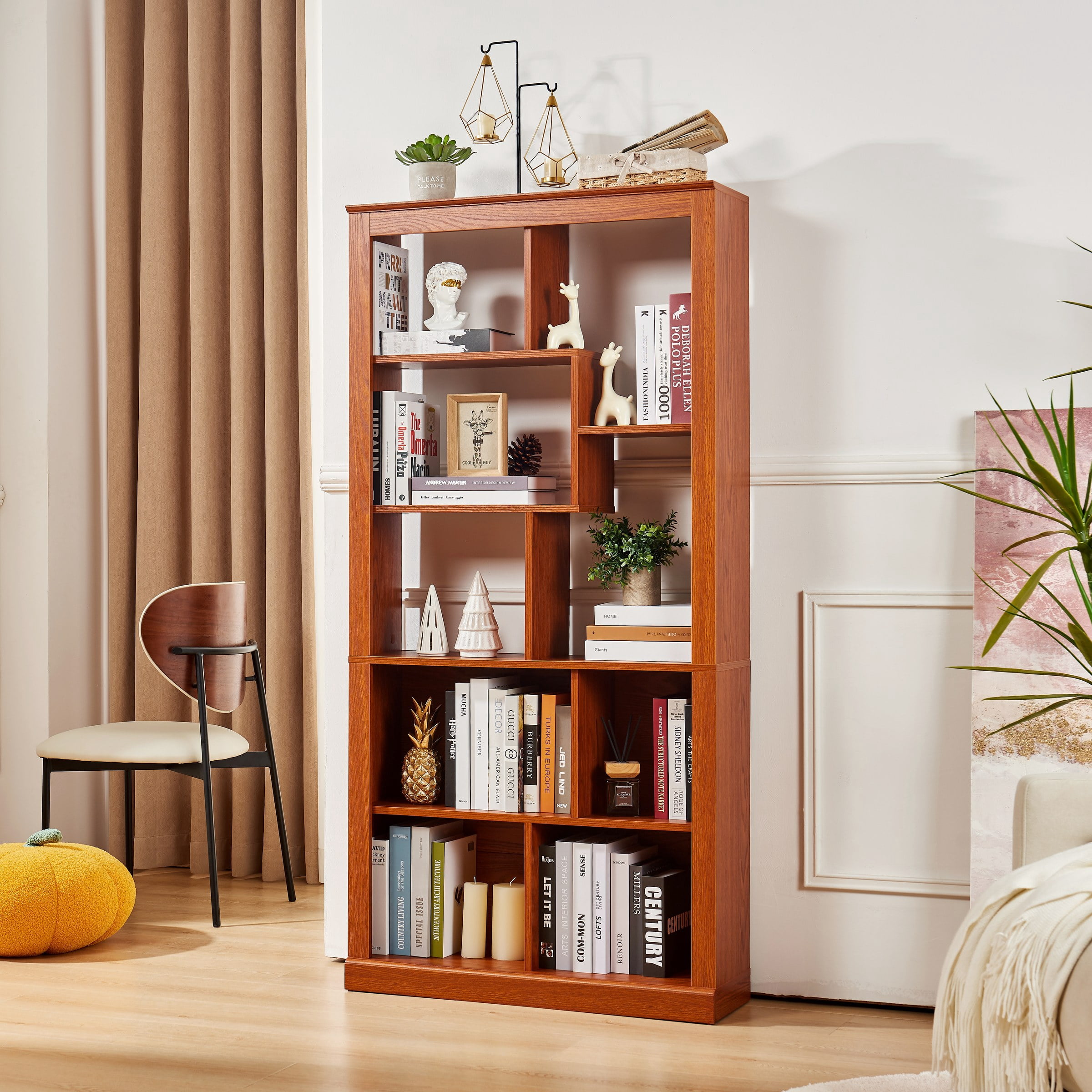 Free Combination Wood Open Bookshelf, Multi Space Display Storage Cabinet, Freestanding Bookcase with Anti-Tip Straps, Classified Storage Organizer for Living Room Bedroom Home Office