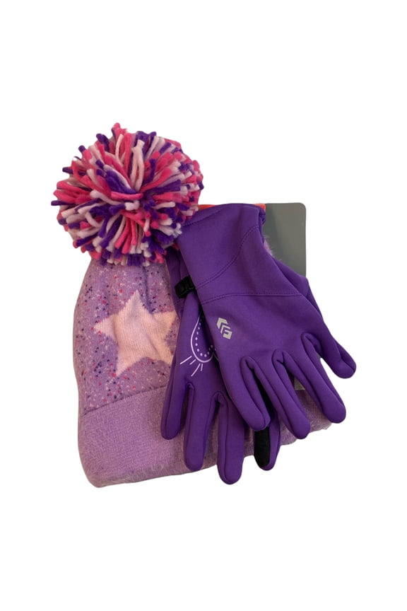 Girl's Warm Winter Pom Pom Knit Hat & Non-Slip Grip Glove Set (Purple Star, L/XL)