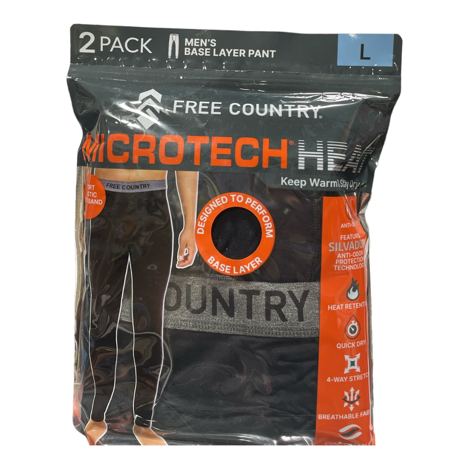 Free Country Men's Microtech Heat AntiOdor Heat Retention Base Layer Pant, 2 Pk (L)