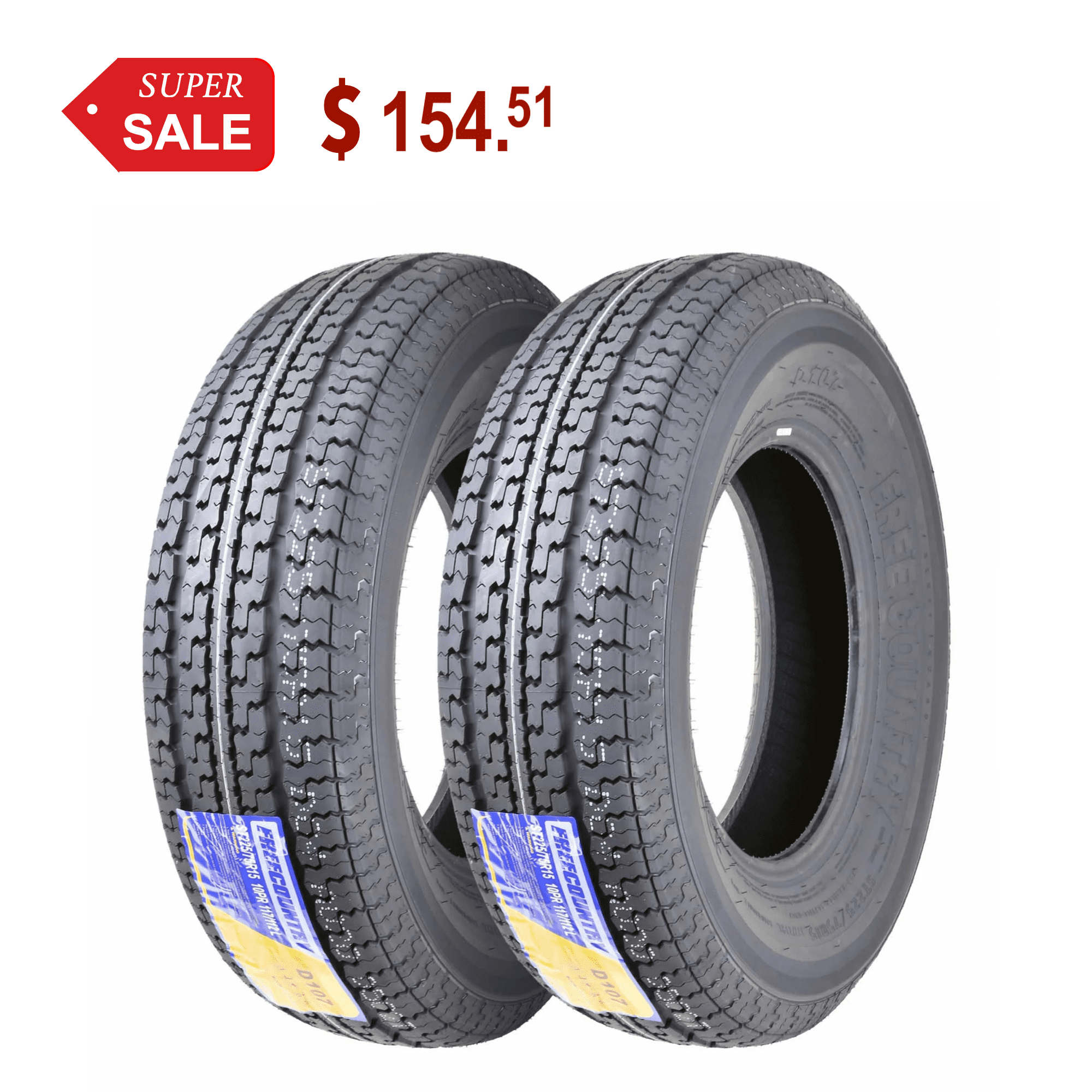 Free Country New Premium Trailer Radial Tires ST 225/75R15 10 Ply Load Range E, Set 2