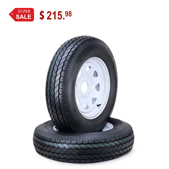 Free Country Trailer Tire Wheel Assembly ST205/75D15 6-Ply C 101L 5 Lug on 5" PCD White Spoke Rim ,SET 2