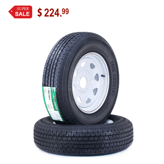 Free Country Trailer Tire Wheel Assembly ST205/75R15 8-Ply D 107M 5 Lug on 4.5" PCD White Spoke Rim ,SET 2