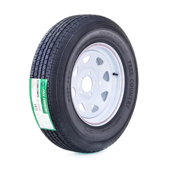 Free Country Wheel Assembly ST205/75R15 8-Ply D 107M 5 Lug on 4.5" PCD White Spoke Rim Trailer Tire