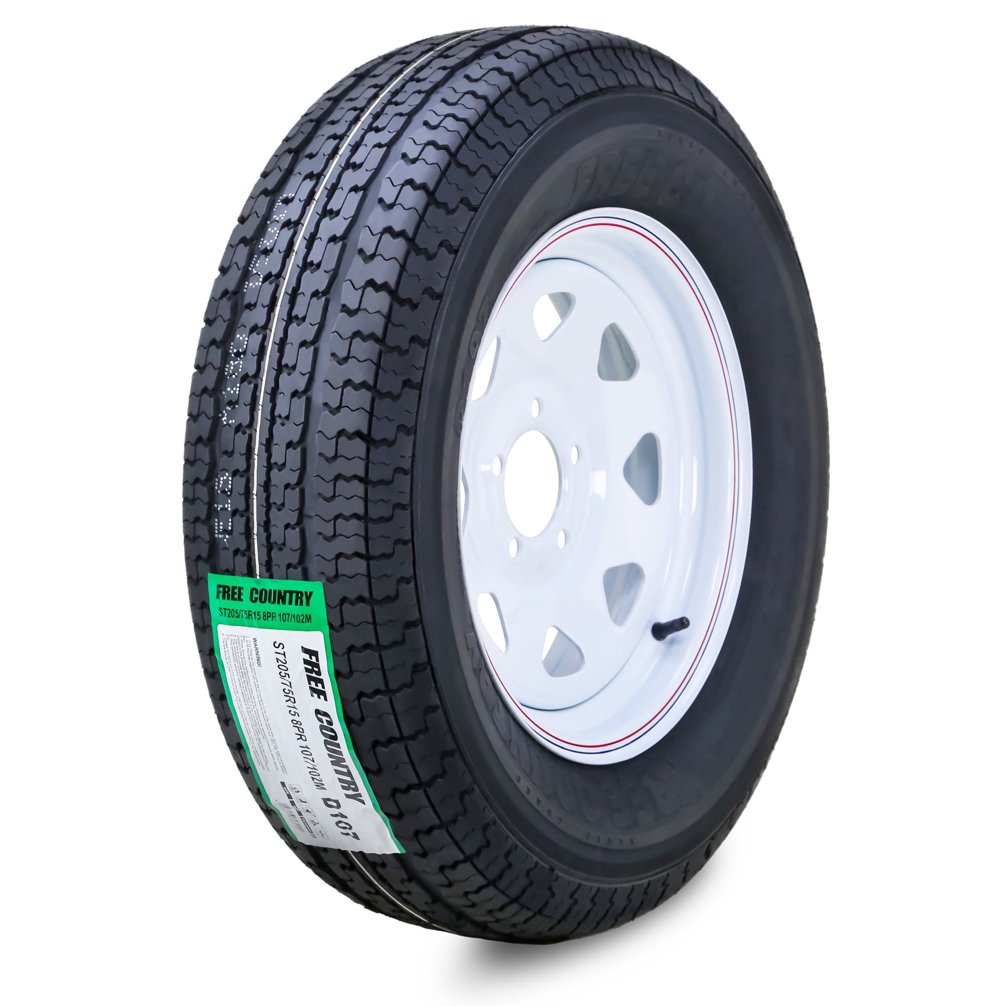 Free Country Trailer Tire Wheel Assembly ST205/75R15 8-Ply D 107M 5 Lug on 4.5" PCD White Spoke Rim