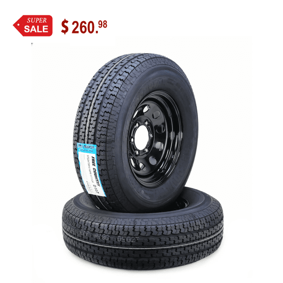 Free Country Trailer Tire Wheel Assembly ST225/75R15 10-Ply E 117M 6 Lug on 5.5" PCD Black Mod Rim ,SET 2