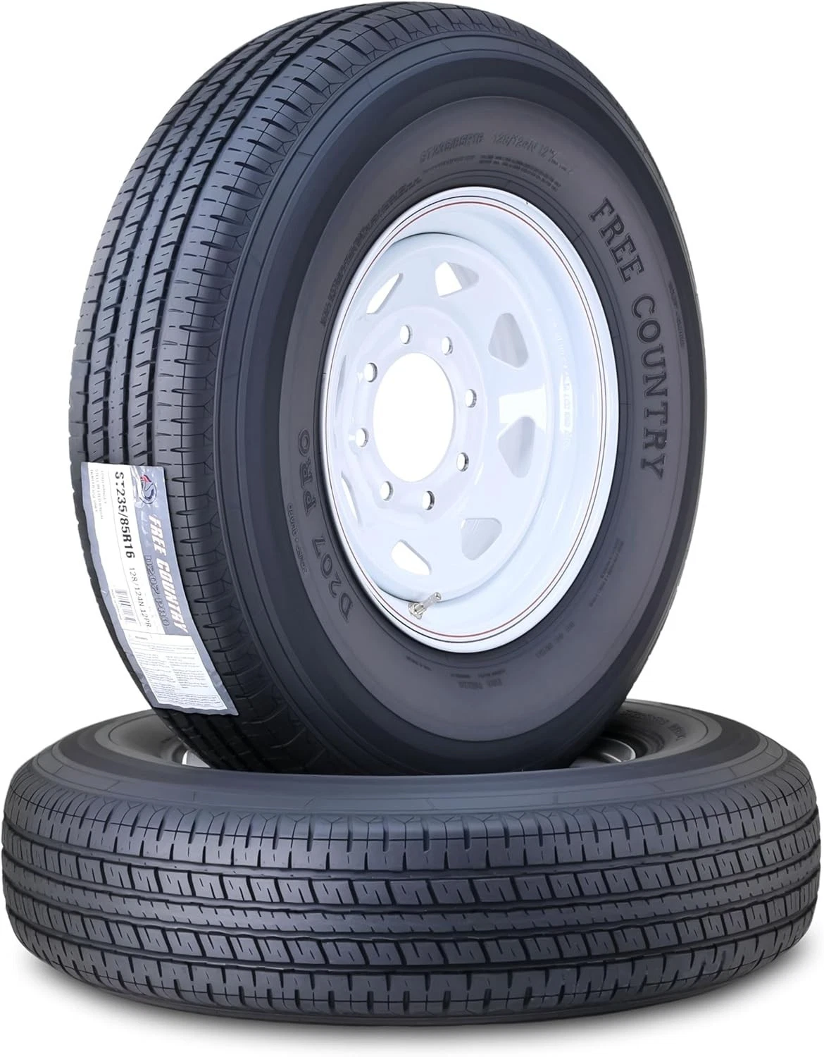 Free Country Trailer Tire Wheel Assembly ST235/85R16 12-Ply F 128N 8 Lug on 6.5" PCD White Spoke Rim ,SET 2