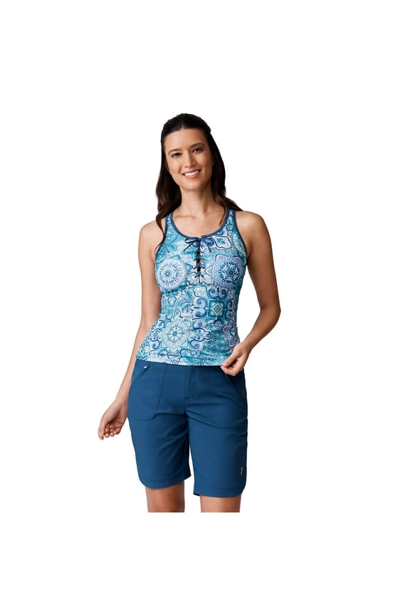 Women's Boho Medallion Lace Up Racerback Tankini Top Tropic Turq L
