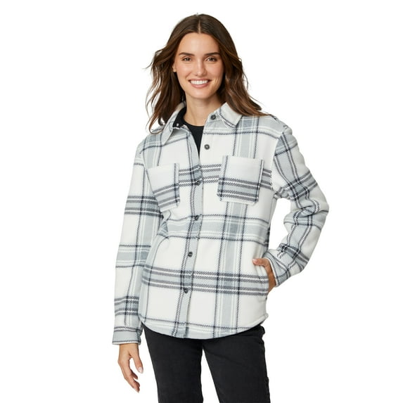 Free Country Women's Chill Out Fleece Shirt Jacket Black Heather Plaid M