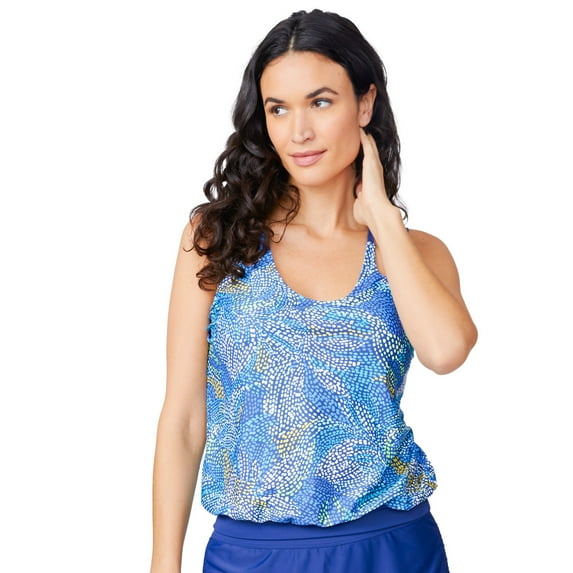 Free Country Women's Double Strap Cut Out Blouson Tankini Top Marine Fresco L