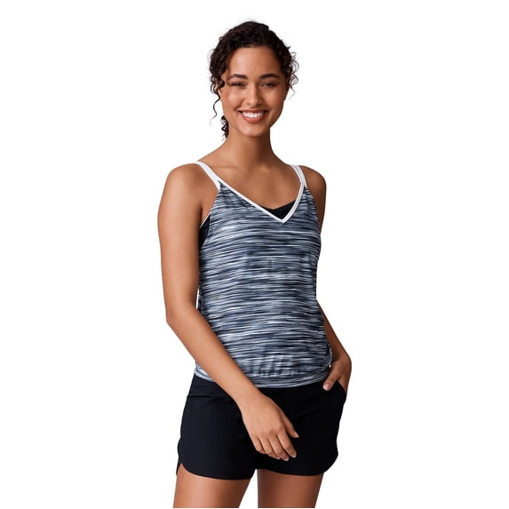 Free Country Women's Heat Wave V-Neck Blouson Tankini Top Black L