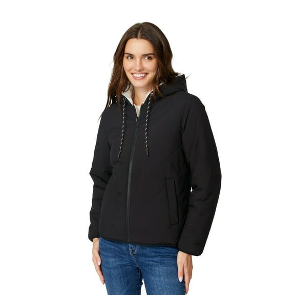 Free Country Women's Hooded Cirrus Quilted Reversible Jacket Black XS