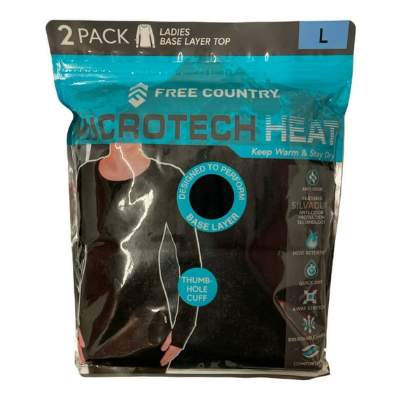 Free Country Women's Microtech Heat Base Layer Long Sleeve Top 2 Pack (Black, L)