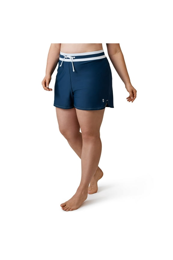 Women's Plus Size Drawstring Swim Short Navy-White 1X