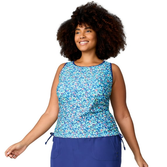 Free Country Women's Plus Size Full Side Shirring Tankini Top Marine Seaside Petals 2X