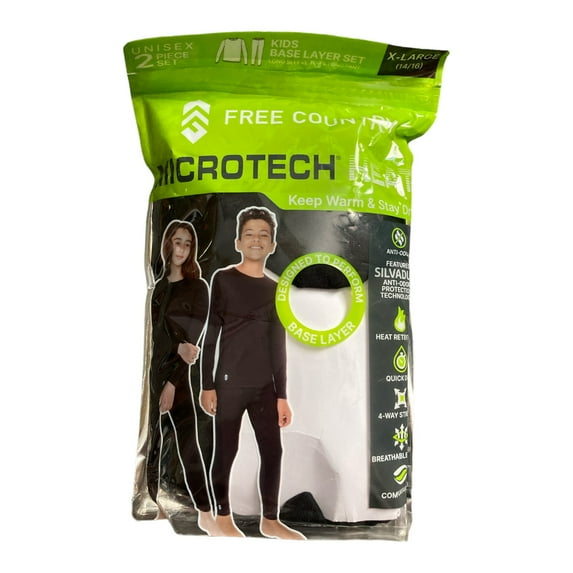 Free Country Youth Unisex 2 Piece Base Layer Long Sleeve and Pant Set (Black, L (10/12))