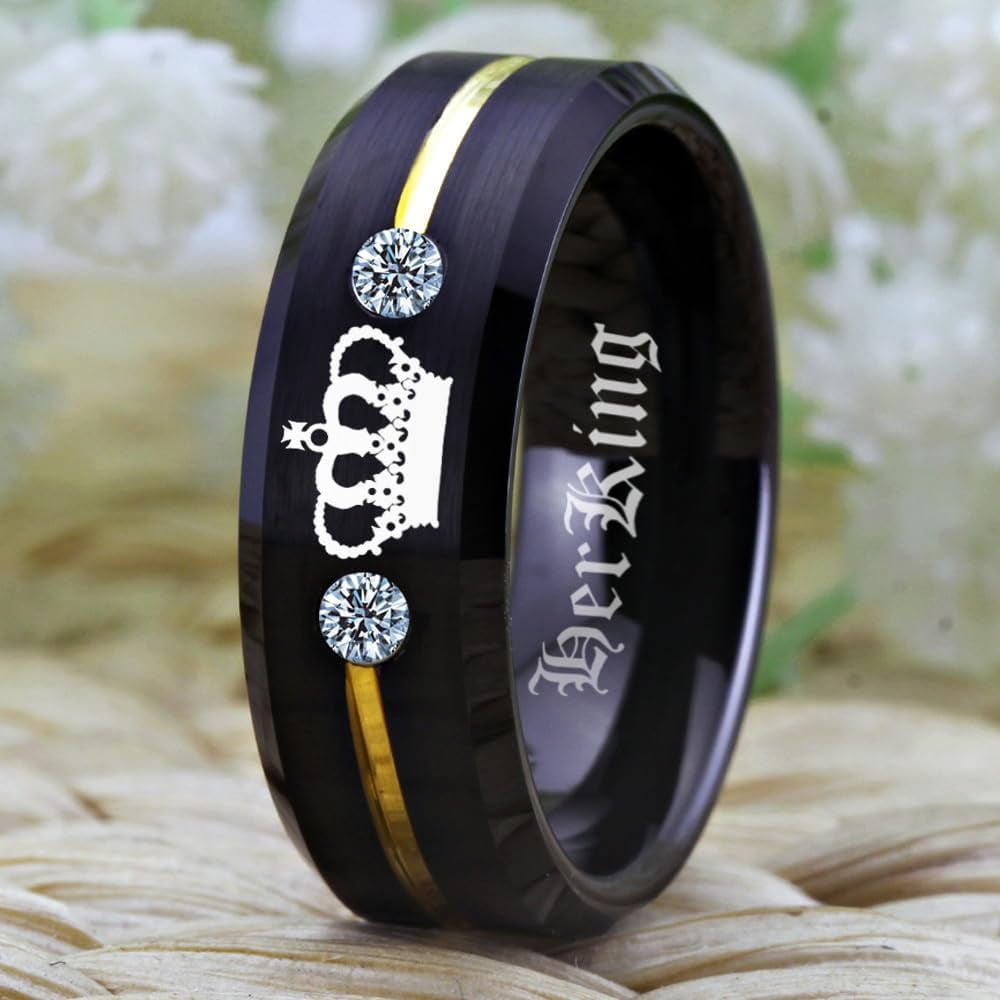 Cloud Dancer Matching Couples Rings - His And Hers Black Tungsten Carbide King & Queen Set With CZ