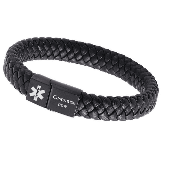 Free Customized Medical Alert ID Leather Cuff Bracelet with Magnetic Clasp, Personalized Identification Alarm Bangle for Women Men Teens, with Aid Bag, 8.07inch