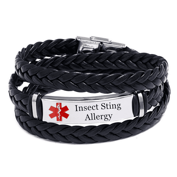 Free Customized Medical Alert Insect Sting Allergy Awareness Wrap Leather Bracelet, Personalized Medic ID Allergic Disease Identification Wristband for Women Men Life Saver for Emergency with Aid Bag