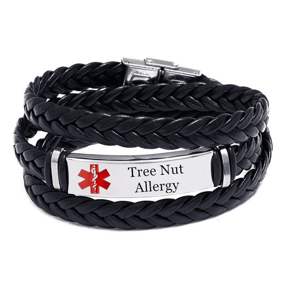 Free Customized Medical Alert Tree Nut Allergy Awareness Wrap Leather Bracelet, Personalized Medic ID Allergic Disease Identification Wristband for Women Men Life Saver for Emergency with Aid Bag