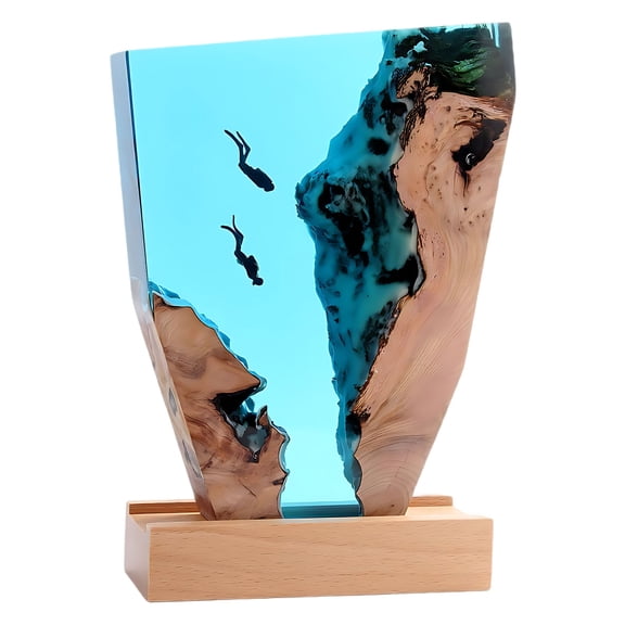 Free Diver Epoxy Resin Night Light, Ocean Lamp, 7.1 in / 18 cm Deep Sea Diver Desk Lamp with Wood Base, 3D Effect Bedroom Decorative Light for Diving Enthusiasts