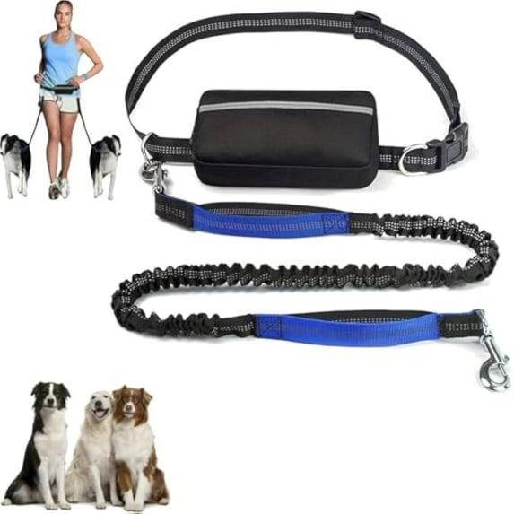 Free Dog Leash with Zipper Pouch, Dual Padded Handles Running Leashes, Retractable Adjustable Bungee Waist for Medium and Large Dogs (Blue,Single Leash)