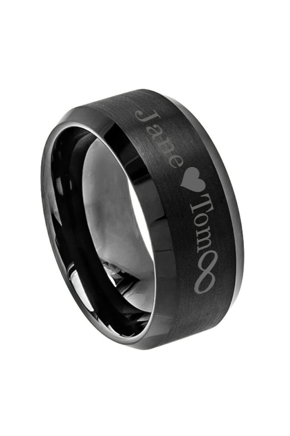 Free Engraving Men's Personalized Outside Inside Engraving Tungsten Carbide Wedding Band Ring 10mm Brushed Center Beveled Black Ring