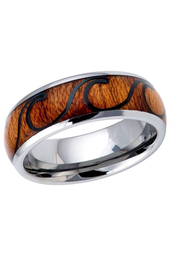 Free Engraving Personalized Custom Engraving Men's Women's Tungsten Wedding Band 8mm Hawaiian Koa with Black Plated Wave Design Inlay Domed RingSZ: 15