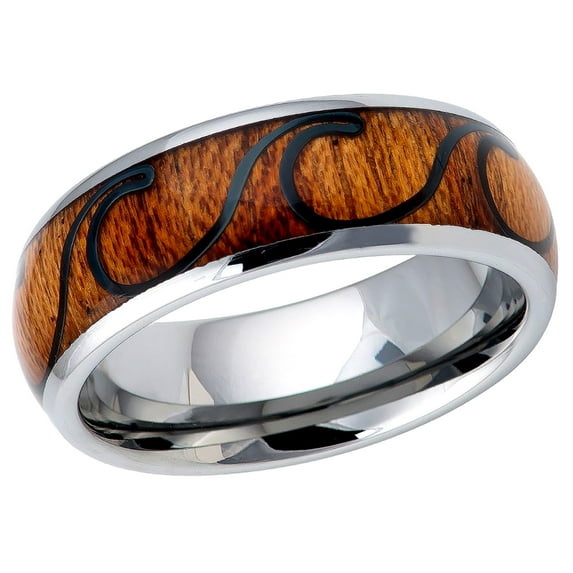 Free Engraving Personalized Custom Engraving Men's Women's Tungsten Wedding Band 8mm Hawaiian Koa with Black Plated Wave Design Inlay Domed RingSZ: 9