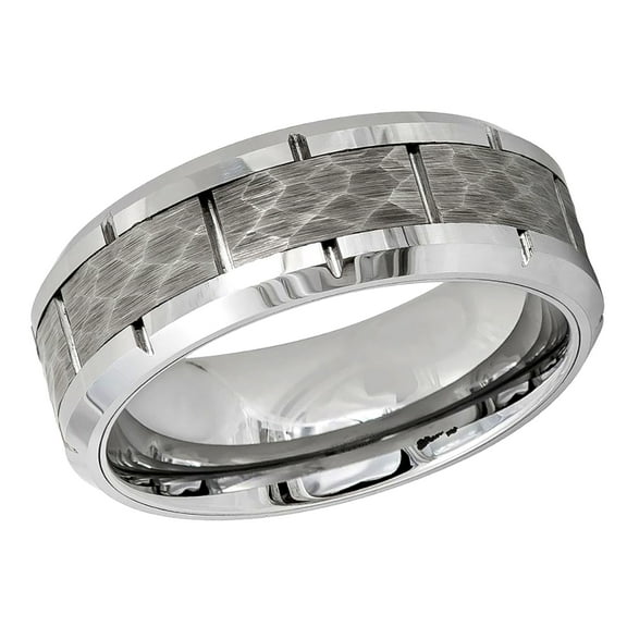 Free Engraving Personalized Custom Engraving Men's Women's Tungsten Wedding Band 8mm High Polished Beveled Edge with Notches & Notched Hammered Finish 8mmSZ: 10