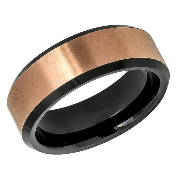 Free Engraving Personalized Custom Engraving Men's Women's Tungsten Wedding Band 8mm Two-tone Brushed Rose Gold IP Finish Black IP Inside Beveled EdgeSZ: 7